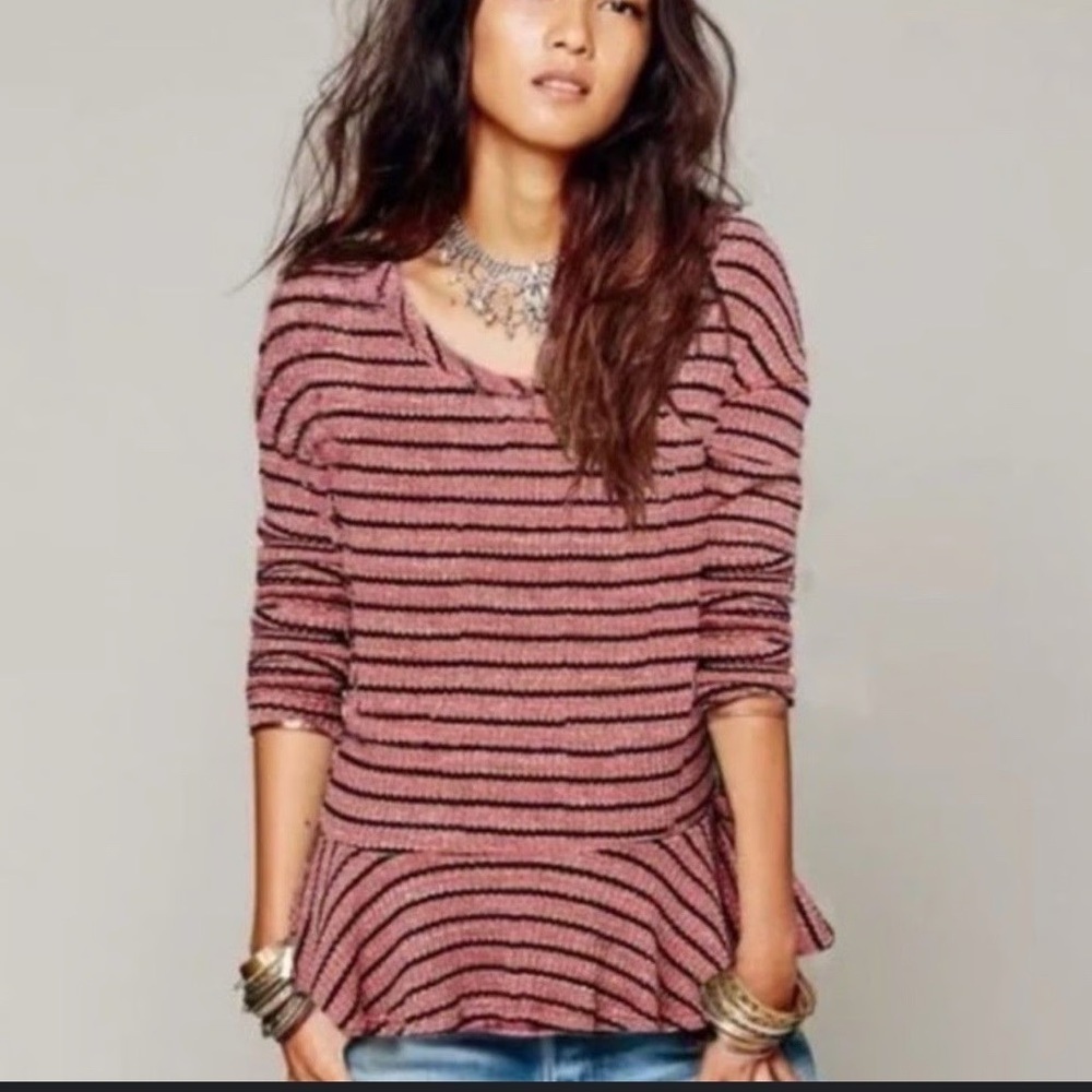 ❤️ FREE PEOPLE  We The Free Thermal Long Sleeve Stripe Peplum Top Women's XSMALL